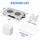 FUMECLEAR FC-G6 Nail Dust Collector Complete Packing List - Includes 30 Disposable Filters, Power Adapter and Main Unit with Dimensions