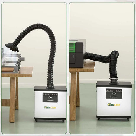 Fumeclear FC-1001A fume extractor for under 30W laser engraver and soldering with flexible hose connected to laser cutter and 3D printer