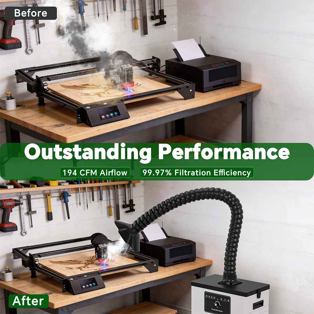 Before and after using Fumeclear FC-1001A fume extractor for under 30W laser engraver and soldering smoke removal