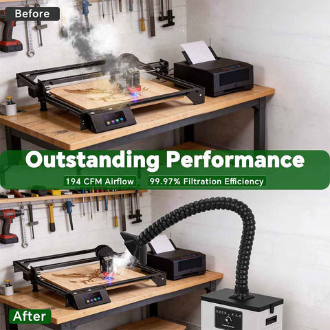 Before and after using Fumeclear FC-1001A fume extractor for under 30W laser engraver and soldering smoke removal