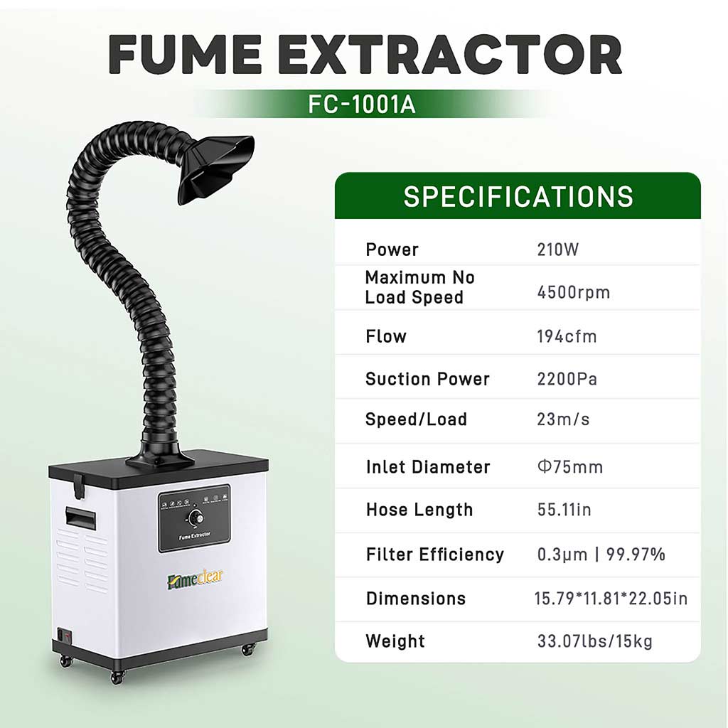 Fumeclear FC-1001A fume extractor for under 30W laser engraver and soldering specifications 194 CFM 99.97% filtration