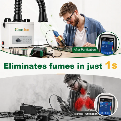 Before and after air purification with FumeClear FC-100A solder fume extractor - dramatic reduction of harmful fumes in just 1 second shown with air quality meter readings