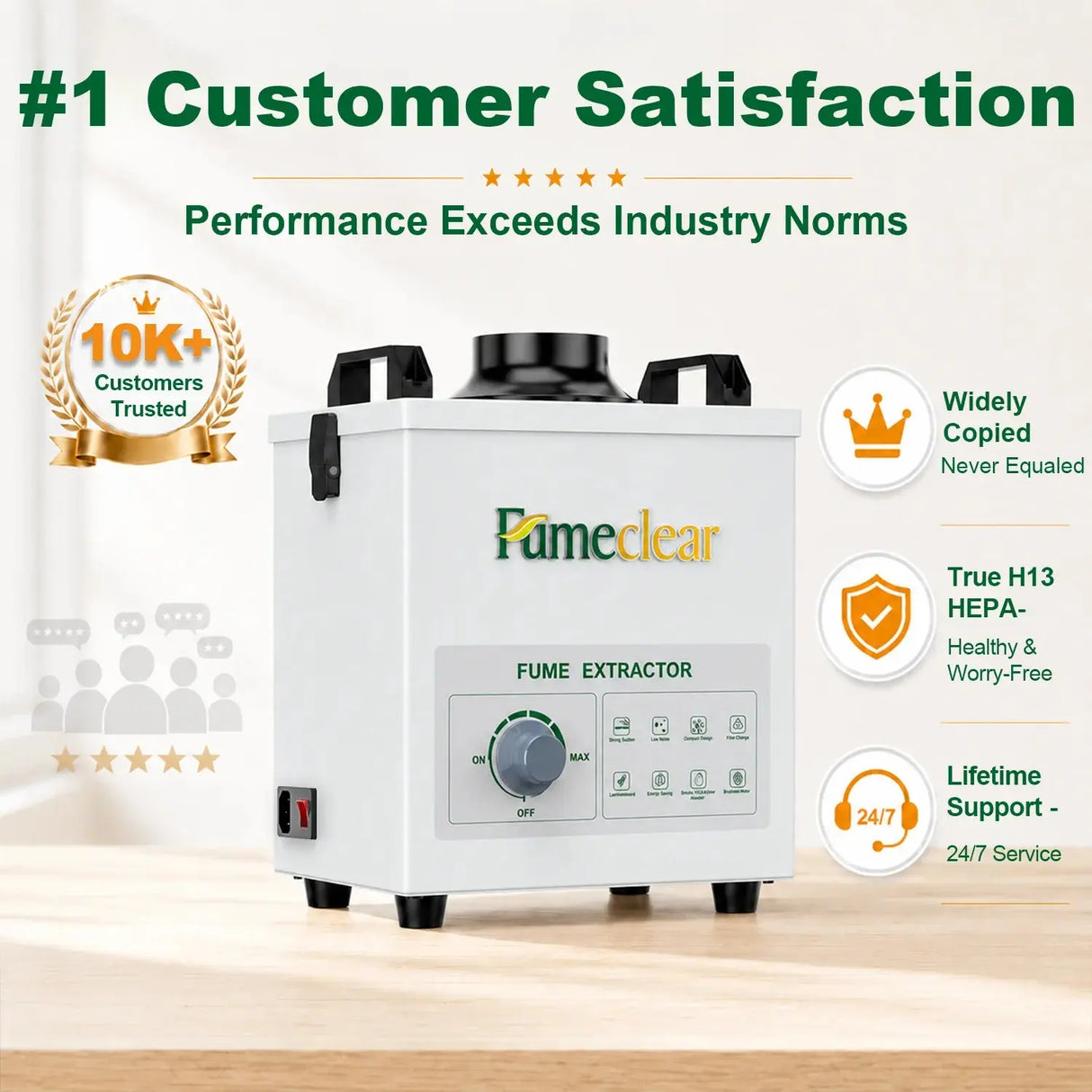 FumeClear FC-100A fume extractor - #1 customer satisfaction, 10K+ trusted customers, True H13 HEPA filter, lifetime support, and performance exceeding industry standards