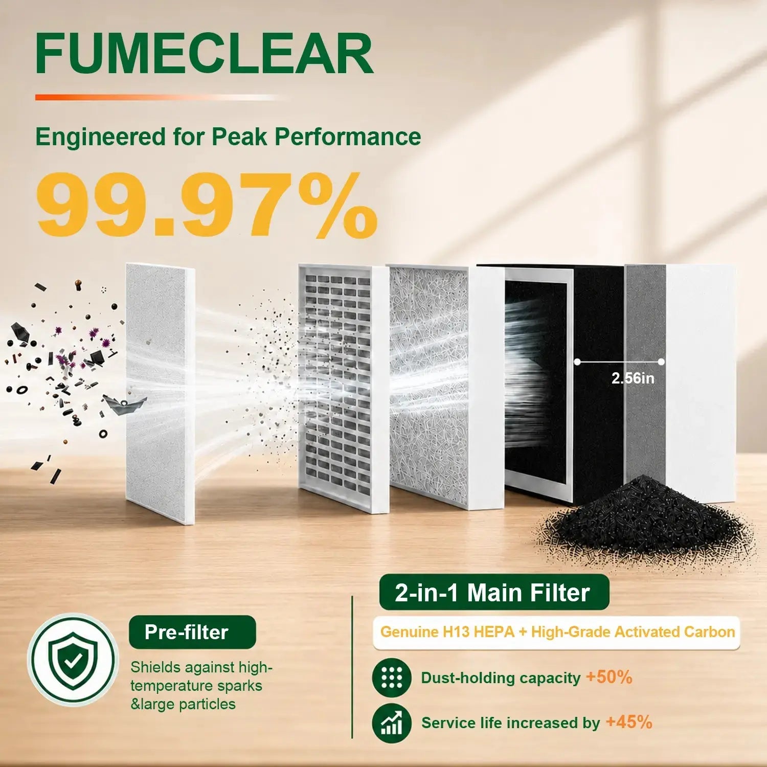 FumeClear FC-100A 99.97% filtration efficiency with pre-filter and 2-in-1 H13 HEPA + high-grade activated carbon main filter, showing dust-holding capacity and service life benefits