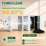 FumeClear FC-100A 99.97% filtration efficiency with pre-filter and 2-in-1 H13 HEPA + high-grade activated carbon main filter, showing dust-holding capacity and service life benefits