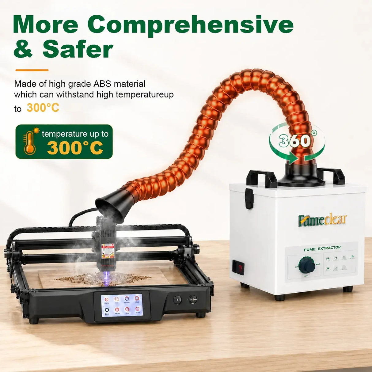 FumeClear FC-100A high-temperature resistant fume extractor hose made of premium ABS material, withstands up to 300°C with 360° flexible positioning