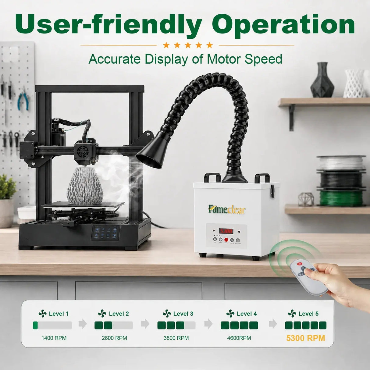 FumeClear FC-100A solder fume extractor with flexible extraction arm capturing smoke from 3D printer, wireless remote control, and 5-level speed settings up to 5300 RPM