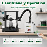 FumeClear FC-100A solder fume extractor with flexible extraction arm capturing smoke from 3D printer, wireless remote control, and 5-level speed settings up to 5300 RPM