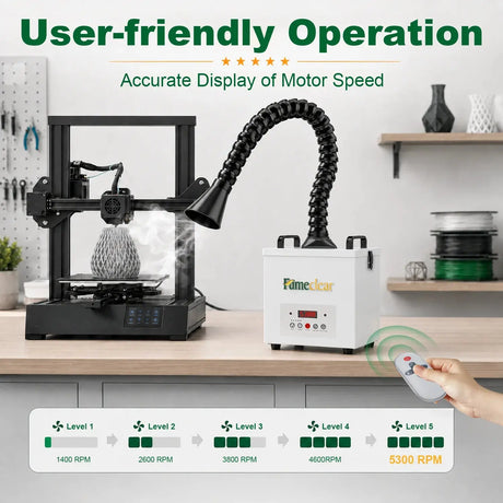 FumeClear FC-100A solder fume extractor with flexible extraction arm capturing smoke from 3D printer, wireless remote control, and 5-level speed settings up to 5300 RPM