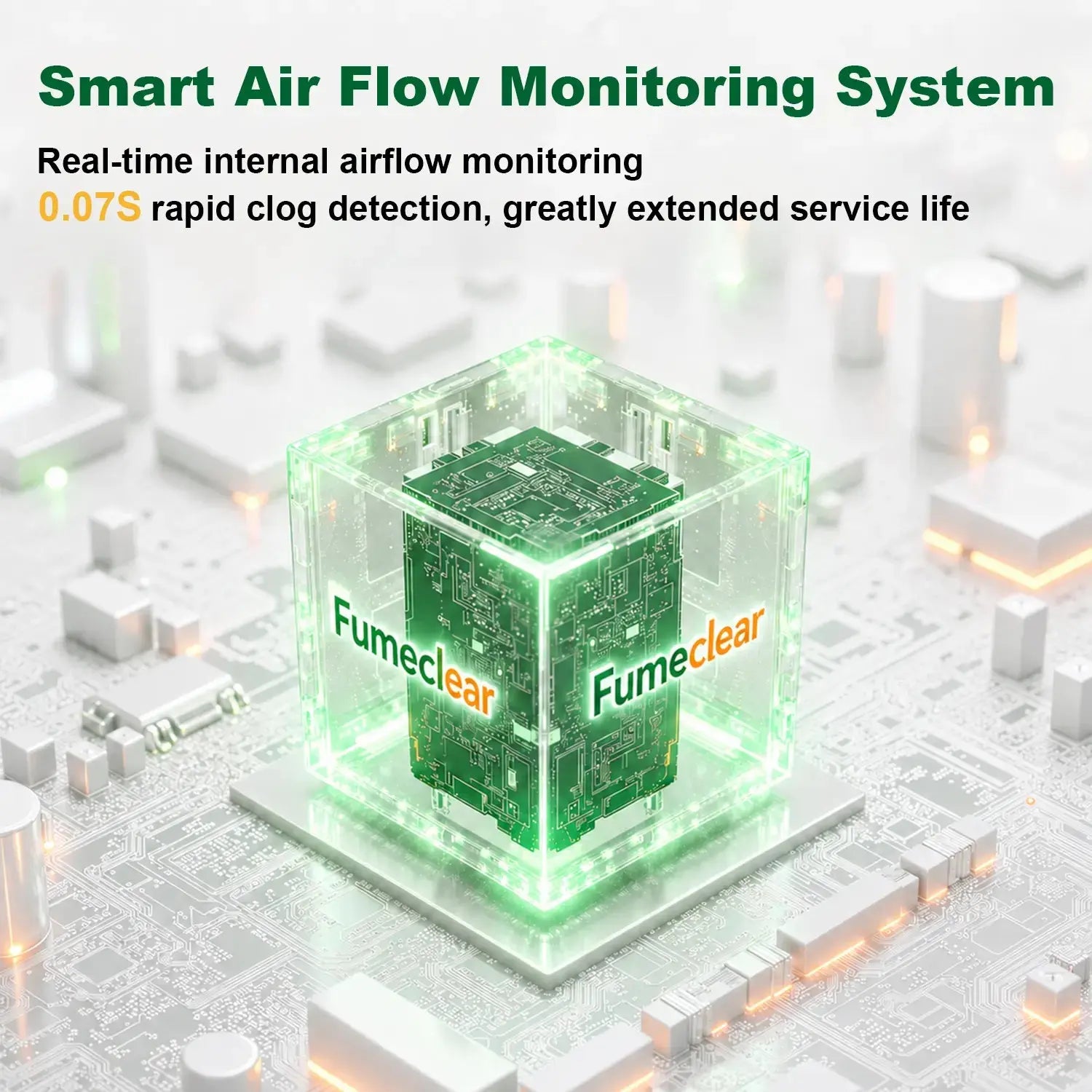 Smart Air Flow Monitoring System of FumeClear FC-100A - real-time internal airflow monitoring with 0.07S rapid clog detection for extended service life