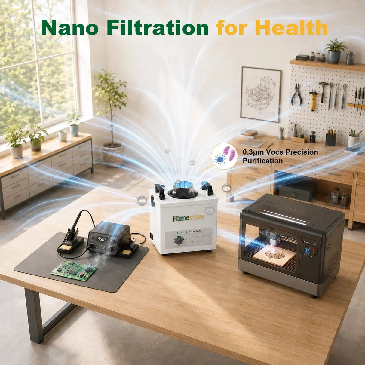 Nano filtration technology of FumeClear FC-100A capturing 0.3μm VOCs, CO2, HCHO and other harmful particles with powerful airflow visualization