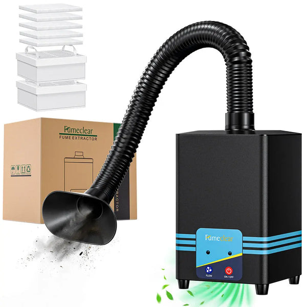 Compact Fumeclear FC-2001S soldering fume extractor with flexible hose, 3-layer H13 HEPA and activated carbon filters for 99.97% smoke removal