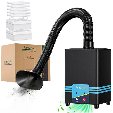 Compact Fumeclear FC-2001S soldering fume extractor with flexible hose, 3-layer H13 HEPA and activated carbon filters for 99.97% smoke removal