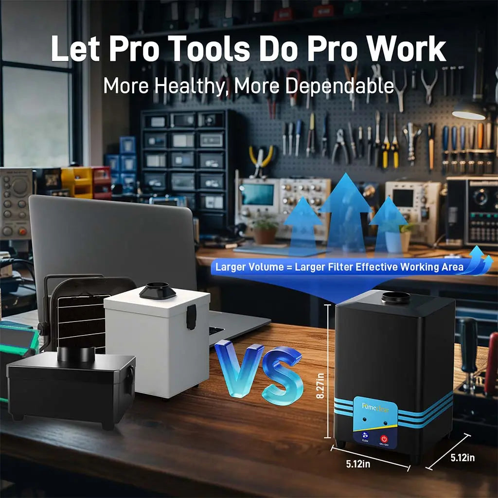 Fumeclear FC-2001S soldering fume extractor size comparison showing larger filter volume for better H13 HEPA performance vs smaller competitors