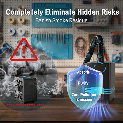 Fumeclear FC-2001S eliminates hidden solder smoke risks with powerful suction and H13 HEPA filtration for zero pollution workbench air