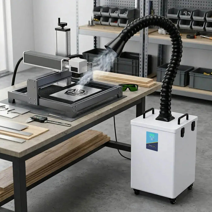 Fumeclear FC-2004 professional laser fume extractor with flexible hose, capturing smoke from a laser engraver and other applications