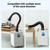 Fumeclear FC-2004 fume extractor compatible with multiple ducts of the same diameter, shown with laser engraver and another machine