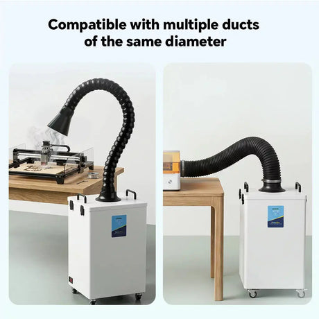 Fumeclear FC-2004 fume extractor compatible with multiple ducts of the same diameter, shown with laser engraver and another machine