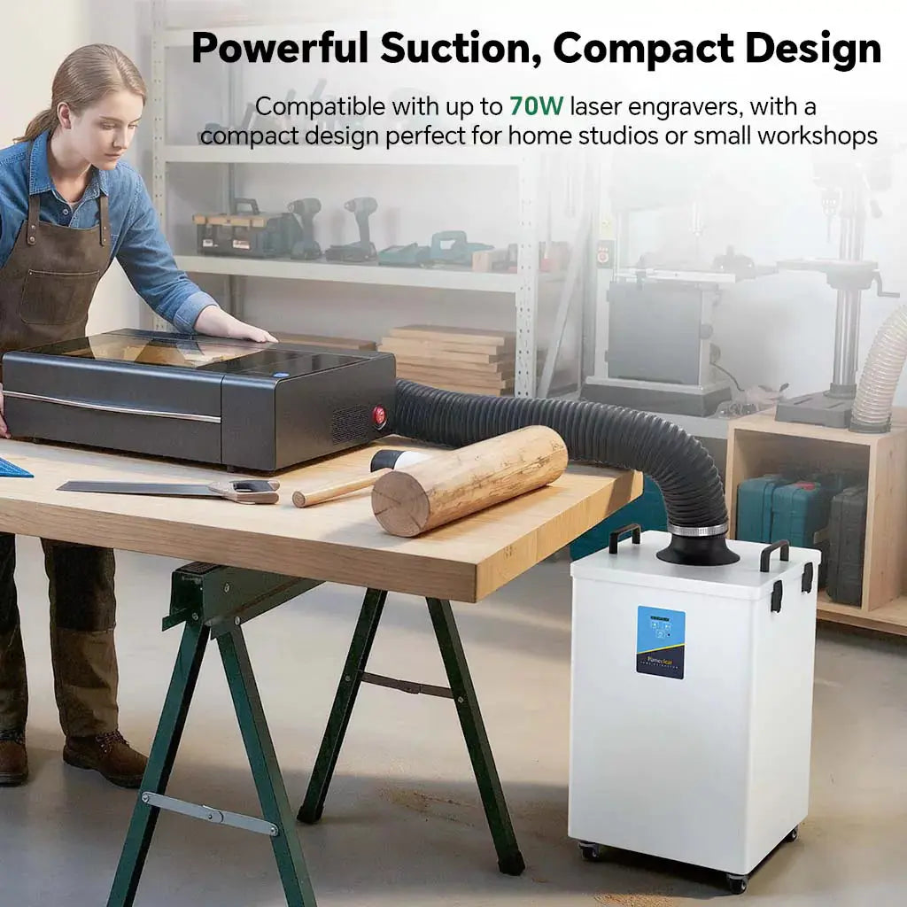 Woman using Fumeclear FC-2004 fume extractor with 70W laser engraver in home workshop - powerful suction and compact design