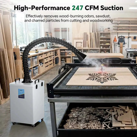 Fumeclear FC-2004 fume extractor removing smoke and sawdust during laser cutting on CNC machine - 247 CFM high performance