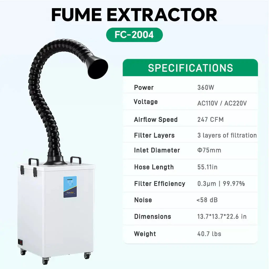 Fumeclear FC-2004 fume extractor with flexible hose and full specifications table - 247 CFM, 360W, 3-stage filtration