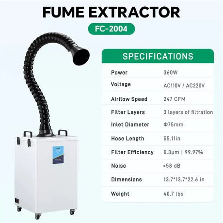 Fumeclear FC-2004 fume extractor with flexible hose and full specifications table - 247 CFM, 360W, 3-stage filtration