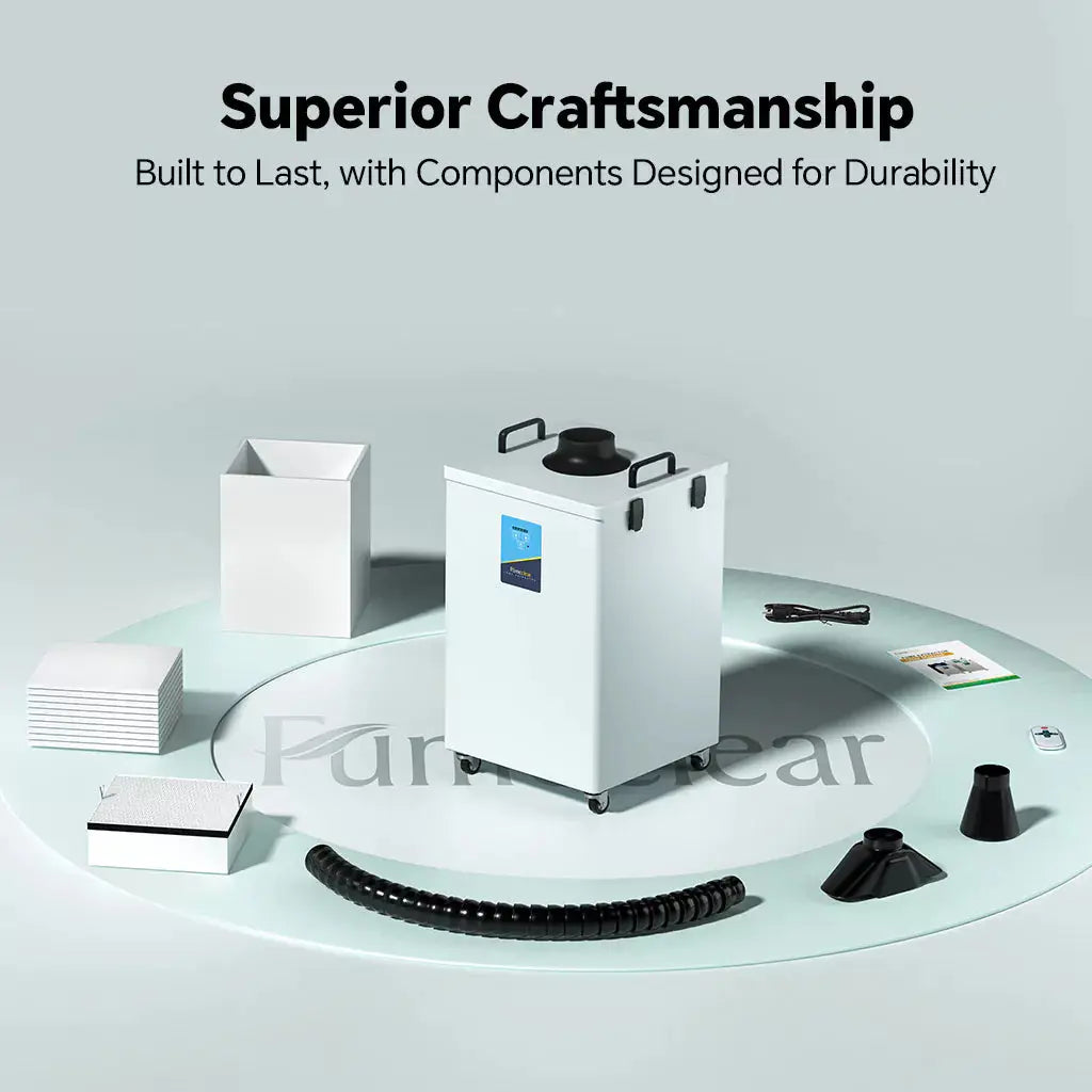 Fumeclear FC-2004 fume extractor components showing superior craftsmanship and durable build quality