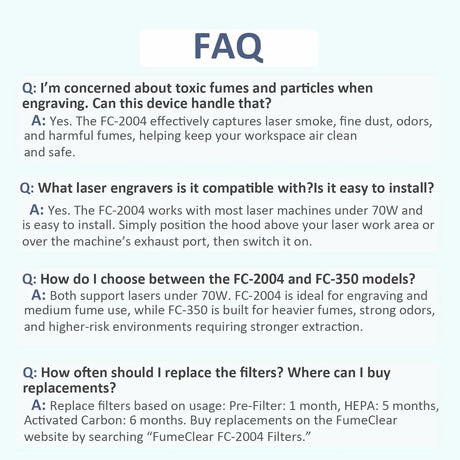 FUMECLEAR FC-2004 Laser Fume Extractor FAQ - Captures toxic fumes, smoke, dust and odors for safe laser engraving