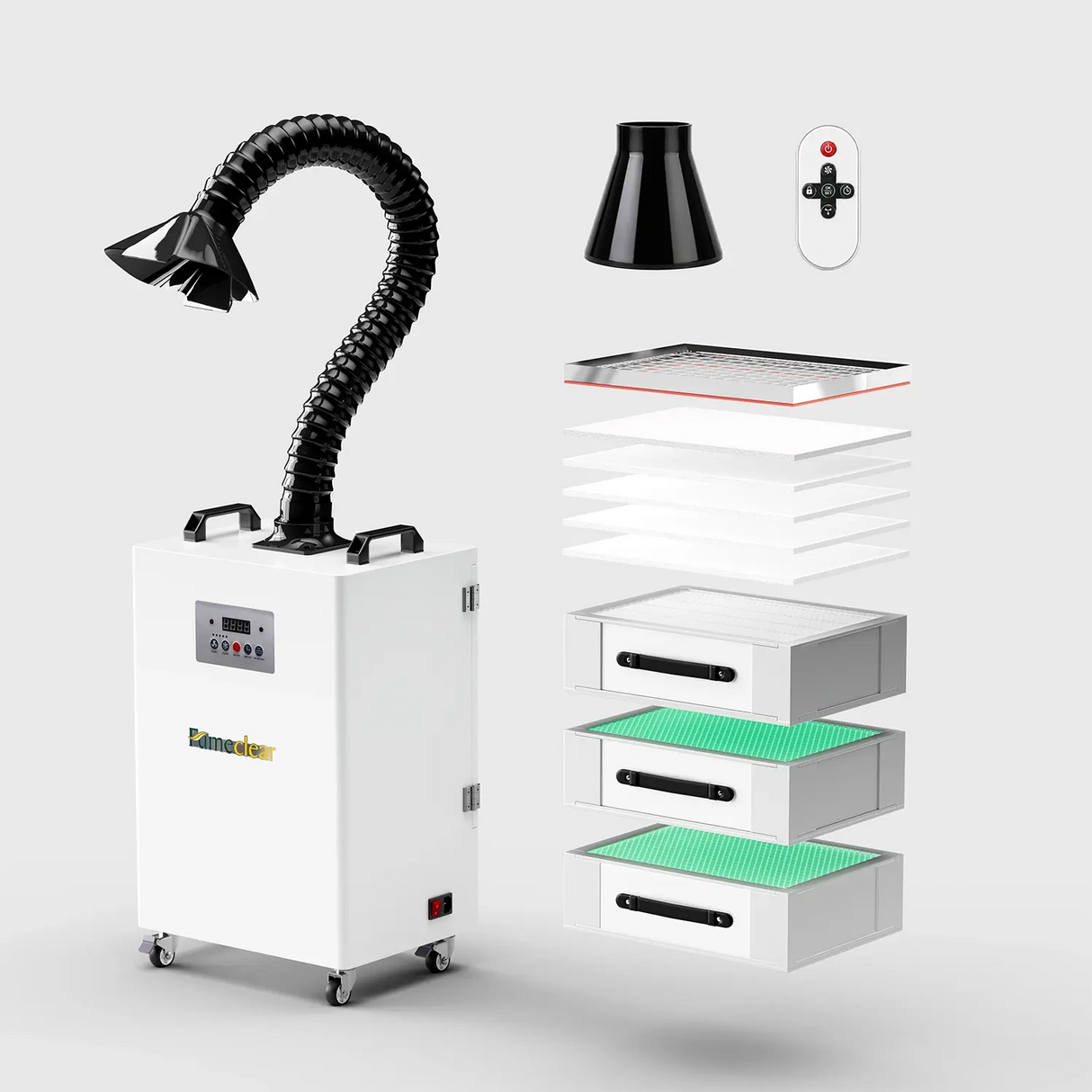 FUMECLEAR FC-350 portable laser fume extractor with flexible extraction arm, multi-stage filters and remote control for welding, laser engraving and cutting smoke removal