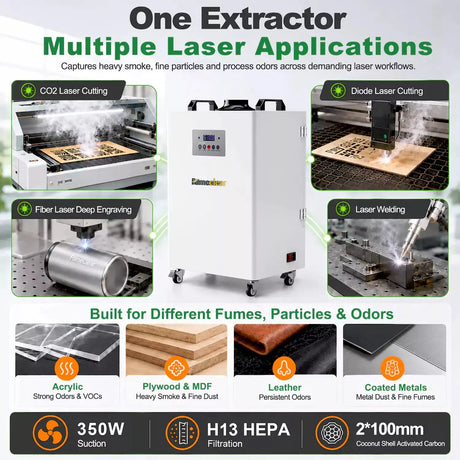 FumeClear FC-350 laser fume extractor working with CO2 laser cutters, diode lasers, and laser welders for various materials like acrylic and wood.