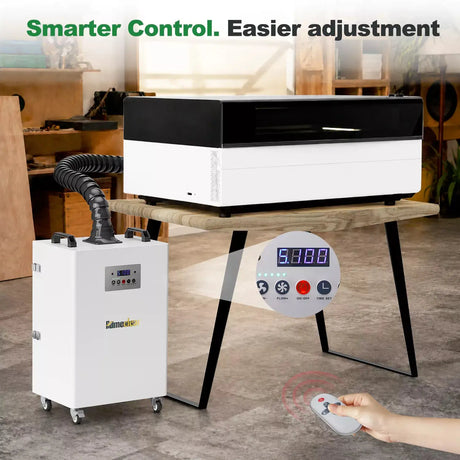 FumeClear FC-350 laser fume extractor smart digital control panel and wireless remote control for easy airflow and time adjustment.
