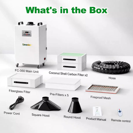 FumeClear FC-350 laser fume extractor accessories including main unit, carbon filters, hoses, hoods, remote control, and power cord.