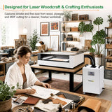 FumeClear FC-350 laser fume extractor designed for laser woodcraft and crafting enthusiasts, capturing smoke and fine dust from wood, plywood, and MDF cutting.