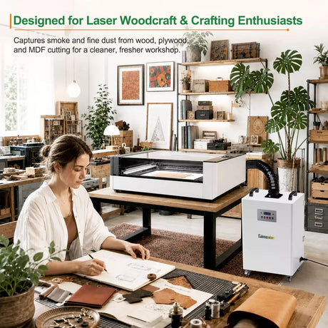 FumeClear FC-350 laser fume extractor designed for laser woodcraft and crafting enthusiasts, capturing smoke and fine dust from wood, plywood, and MDF cutting.