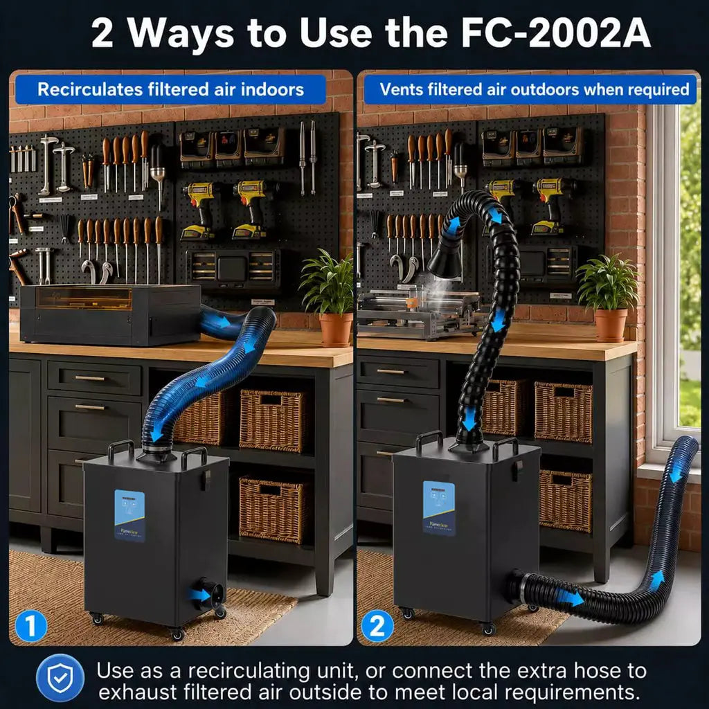 The FumeClear FC-2002A supports two types of duct connections, making it suitable for different applications.