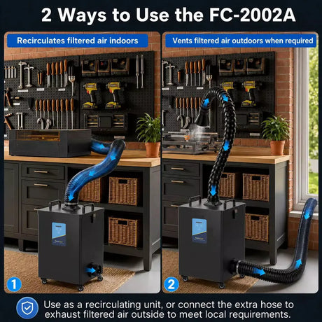 The FumeClear FC-2002A supports two types of duct connections, making it suitable for different applications.