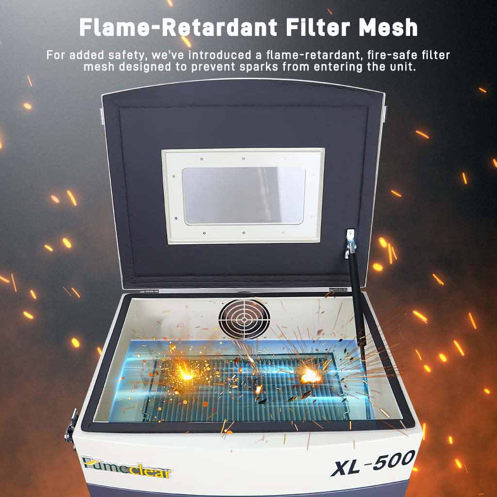 Fumeclear XL-500 industrial fume extractor flame-retardant filter mesh prevents sparks from entering the unit for enhanced safety