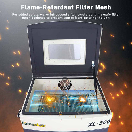 Fumeclear XL-500 industrial fume extractor flame-retardant filter mesh prevents sparks from entering the unit for enhanced safety