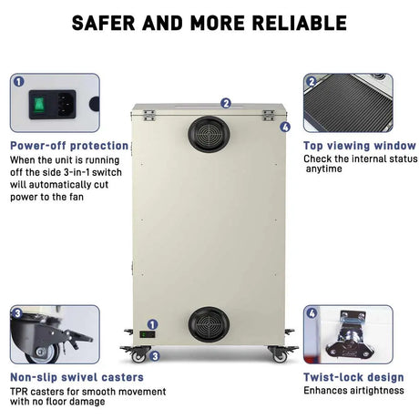 Fumeclear XL-500 industrial fume extractor safer and more reliable features: power-off protection, non-slip casters, twist-lock design and top viewing window