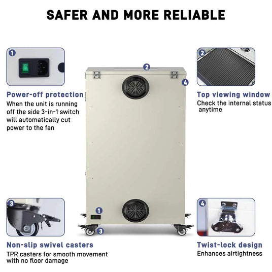 Fumeclear XL-500 industrial fume extractor safer and more reliable features: power-off protection, non-slip casters, twist-lock design and top viewing window