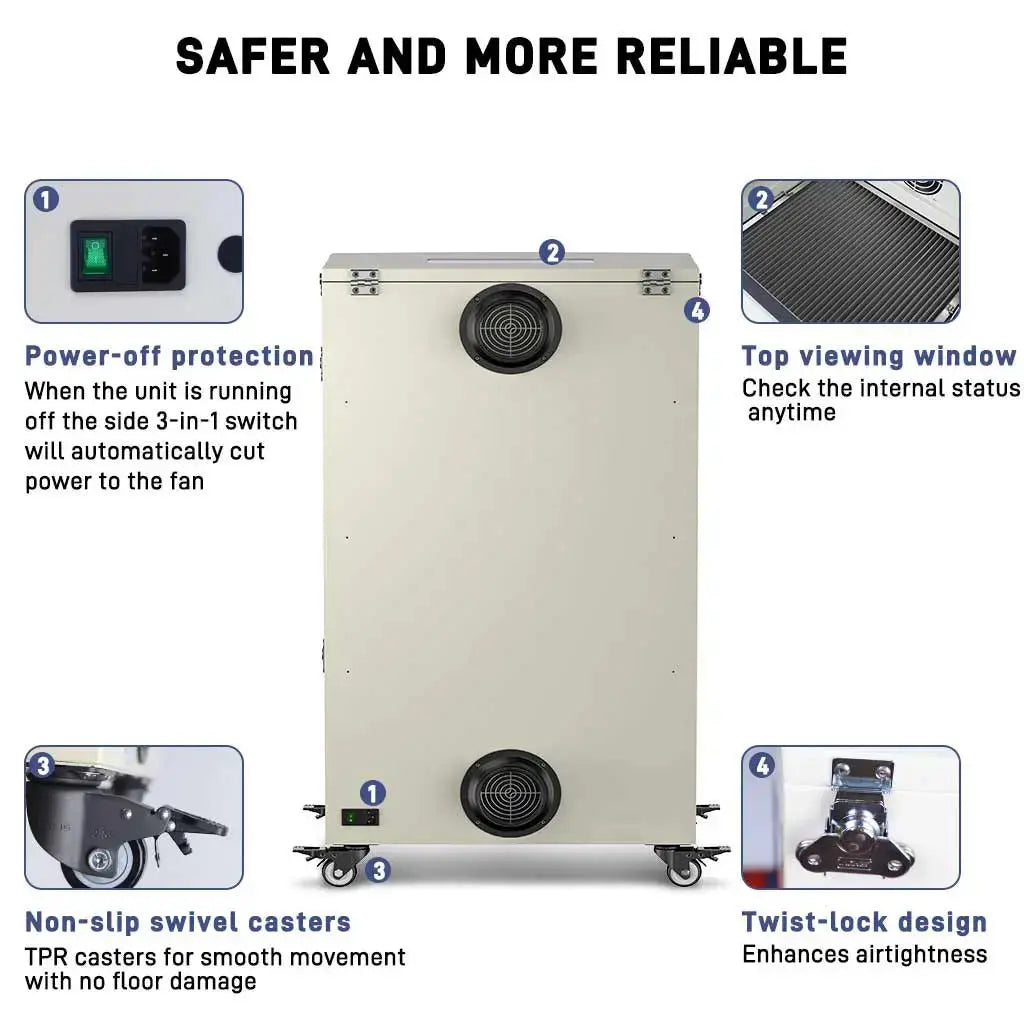 Fumeclear XL-500 industrial fume extractor safer and more reliable features: power-off protection, non-slip casters, twist-lock design and top viewing window