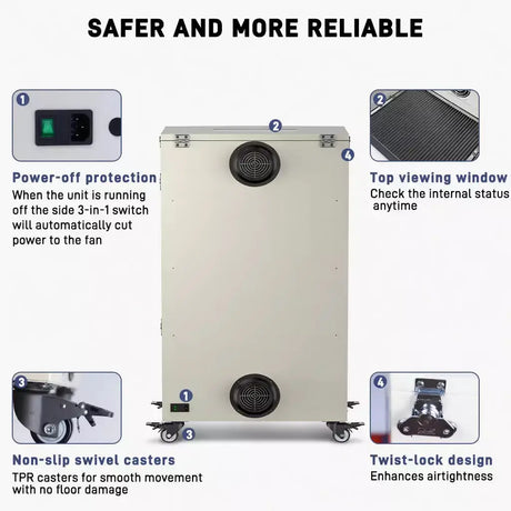 Fumeclear XL-500 industrial fume extractor safer and more reliable features: power-off protection, non-slip casters, twist-lock design and top viewing window