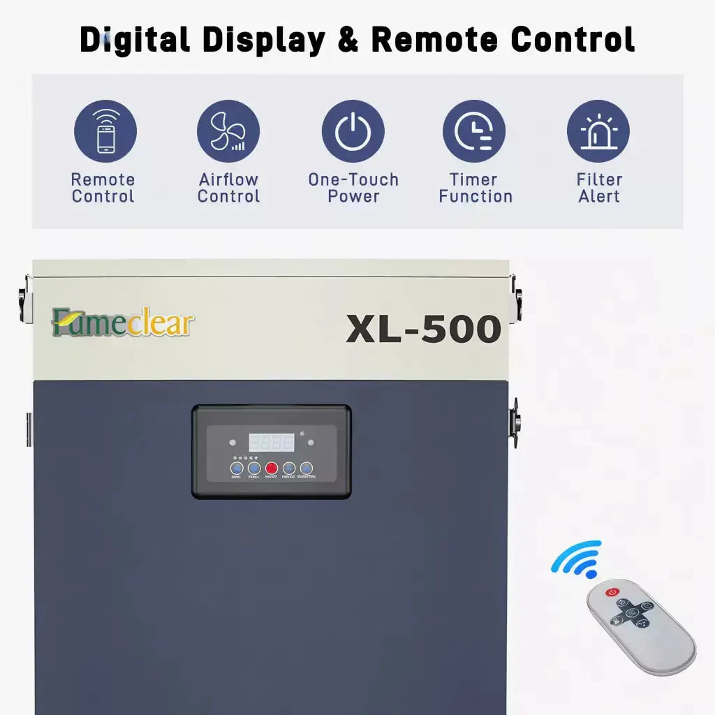 Fumeclear XL-500 industrial fume extractor with digital display, remote control, airflow control, timer function and filter alert