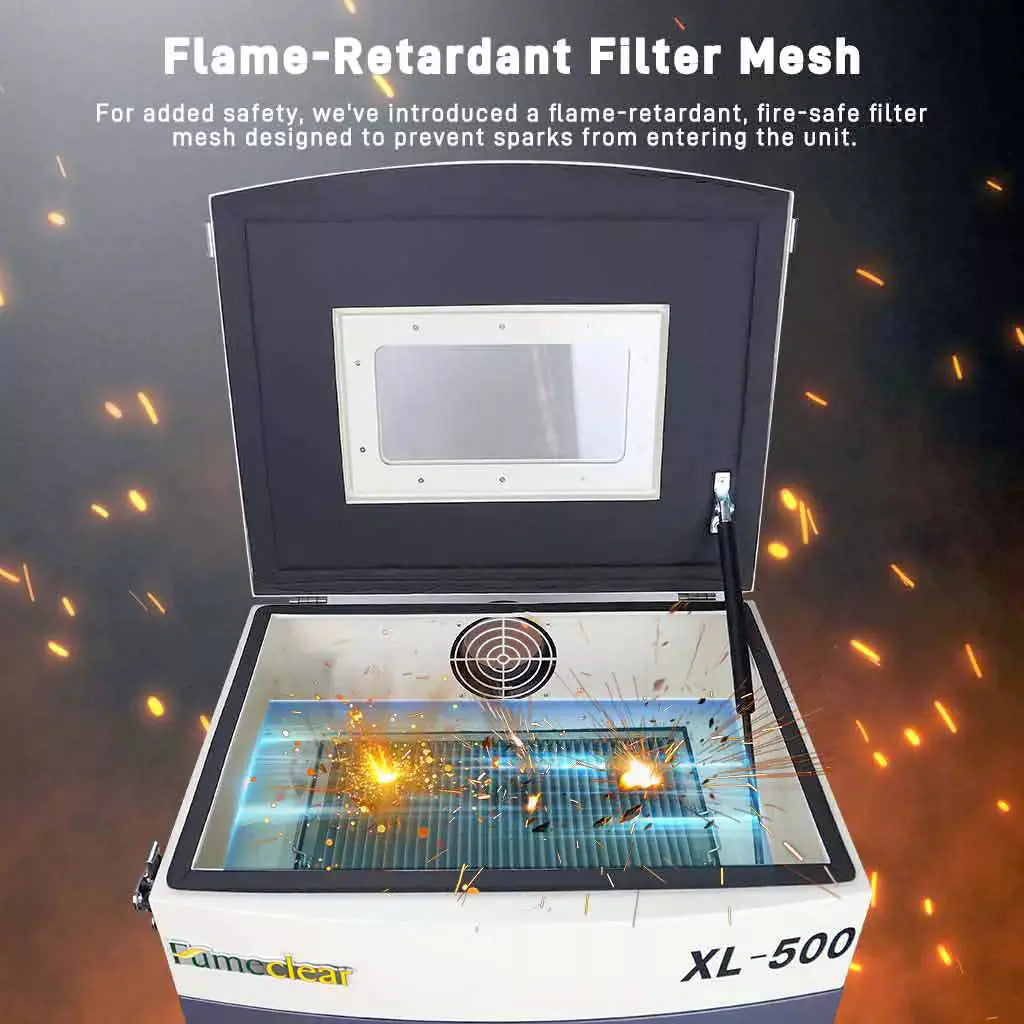 Fumeclear XL-500 industrial fume extractor flame-retardant filter mesh prevents sparks from entering the unit for enhanced safety