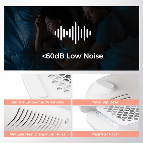 FUMECLEAR Foldable Nail Dust Collector ultra quiet <60dB low noise operation with silicone ergonomic wrist rest, non-slip base, heat dissipation holes and magnetic cover