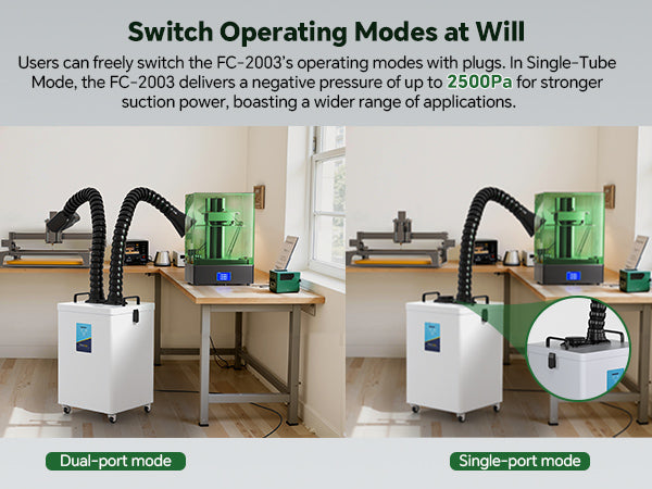 Fumeclear FC-2003 fume extractor dual-port and single-port modes comparison on laser engraving workbench with flexible arms and strong 2500Pa suction