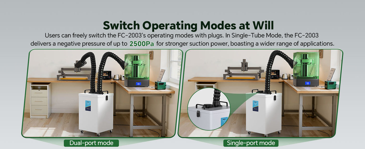 Fumeclear FC-2003 fume extractor dual-port and single-port modes comparison on laser engraving workbench with flexible arms and strong 2500Pa suction