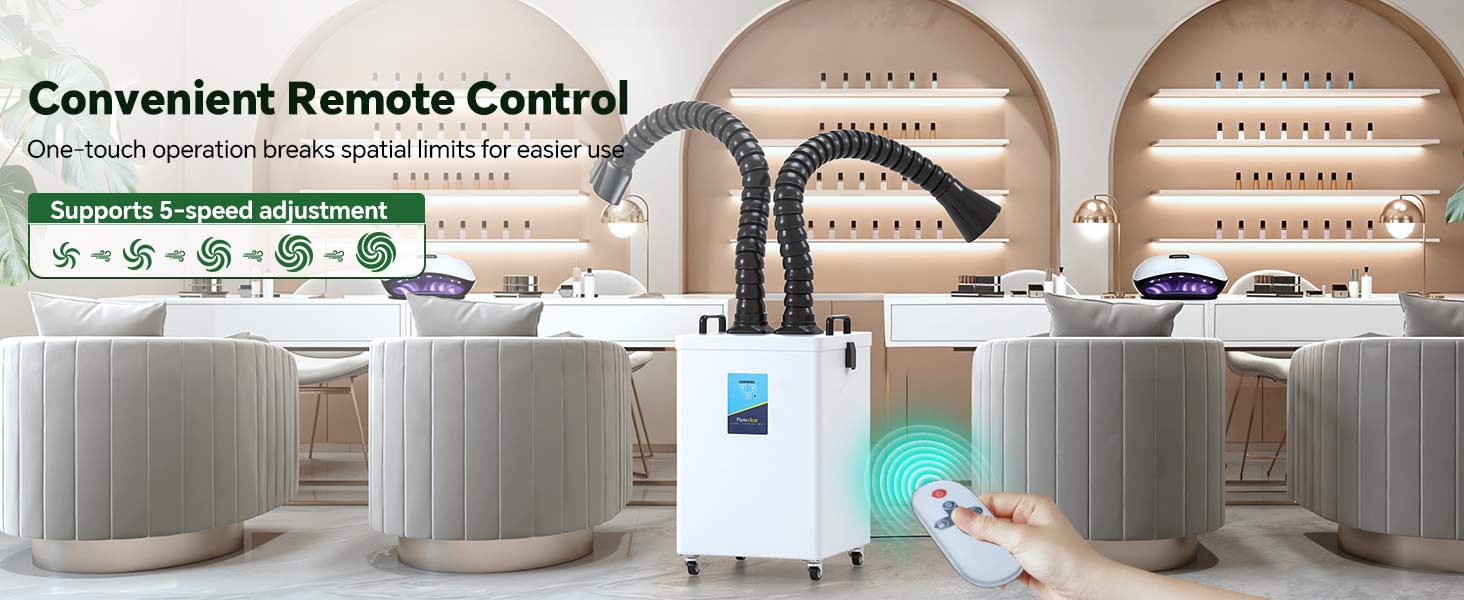 Convenient remote control for Fumeclear FC-2003 fume extractor with 5-speed adjustment in nail salon or beauty workspace