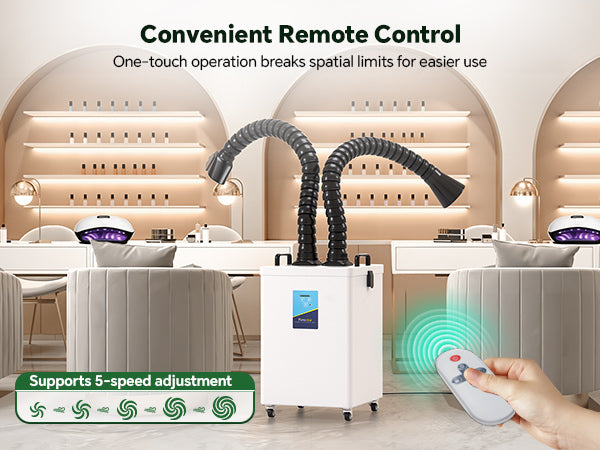 Convenient remote control for Fumeclear FC-2003 fume extractor with 5-speed adjustment in nail salon or beauty workspace