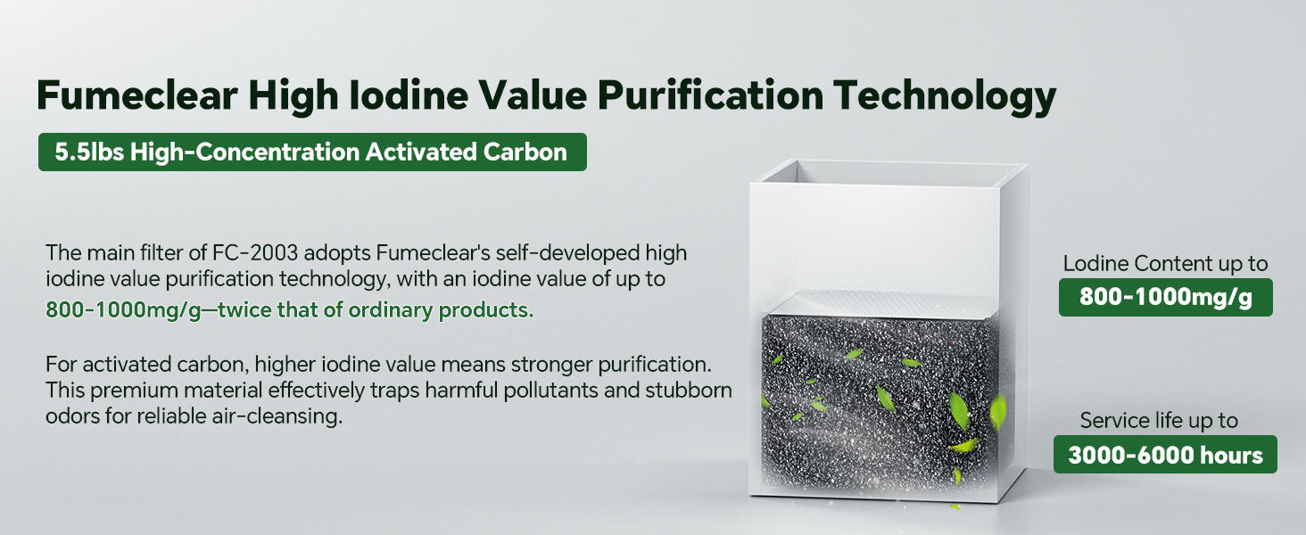 Fumeclear FC-2003 main filter with high-concentration 5.5lbs activated carbon iodine value 800-1000mg/g for superior fume and odor purification